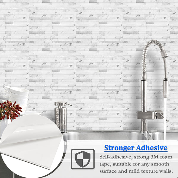 White Marble Look Stacked PVC Tile Mixed Silver Metal Chips